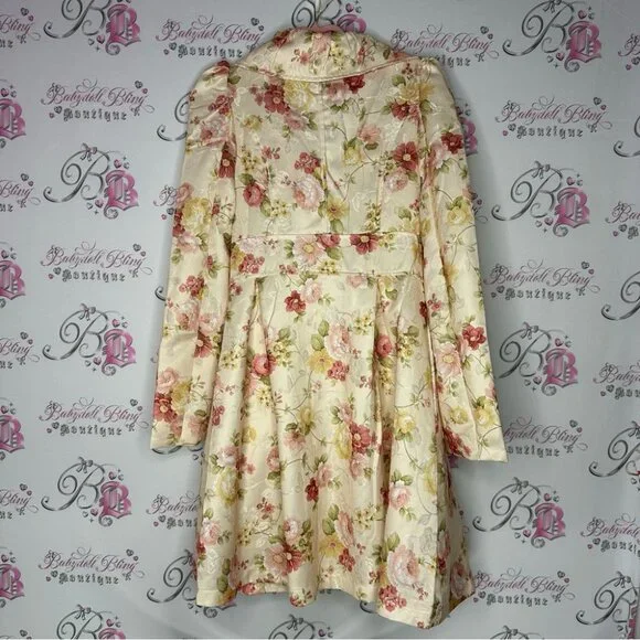 Floral coat pea coat long flowers peach orange pink light cream shiny shimmer - Picture 3 of 7